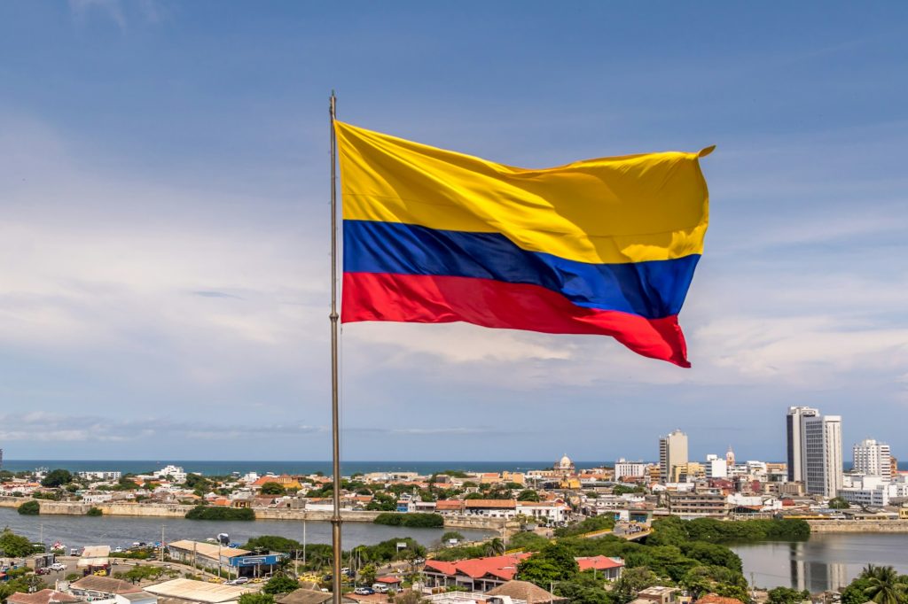 Colombian Flag over city of Cartagena, Colombia